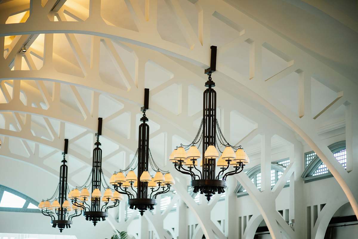 light fixture four black-and-white chandeliers inlined hang in white ceiling lantern
